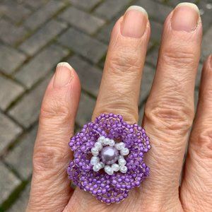 🌷3 for$25🌷Handmade, Glass Seed Bead Lilac Flower Ring, Fits Up To Ring Size 8